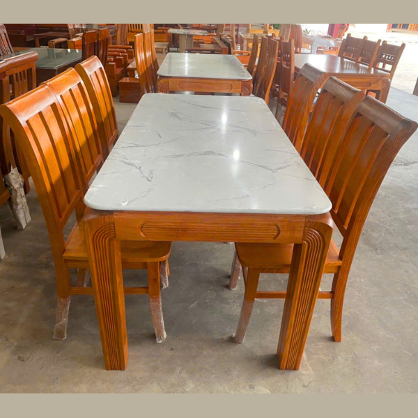 Bộ bàn ăn mặt đá 6 ghế gỗ tự nhiên dày dặn BA05