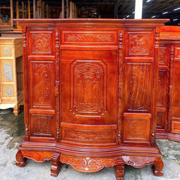 Tủ thờ gỗ tràm chạm Phúc Lộc Thọ 8 chân