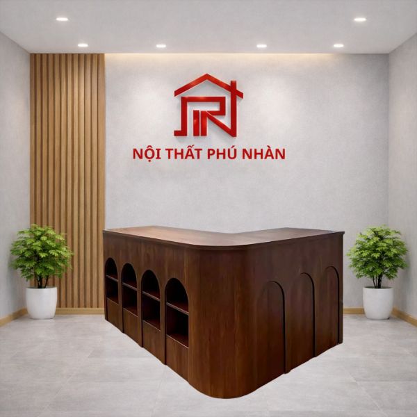 Quầy thu ngân chữ L gỗ nâu độc đáo