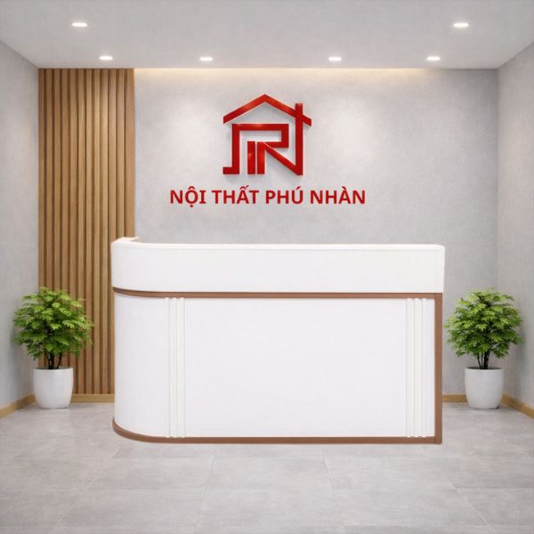 Quầy lễ tân bo cong trắng viền nâu hiện đại