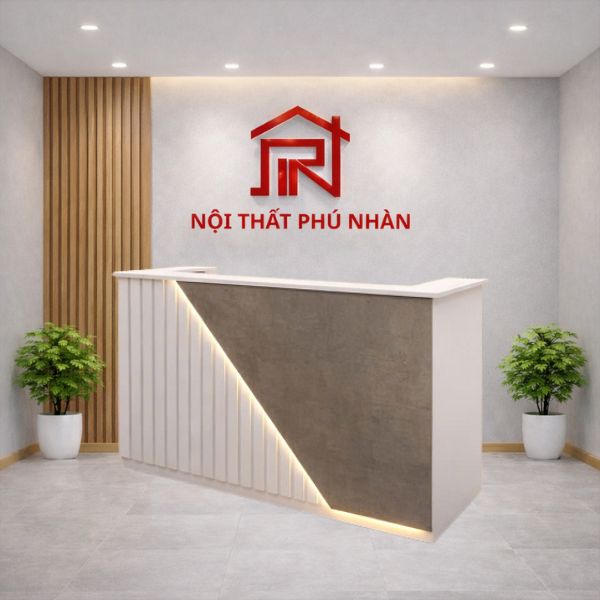 Quầy lễ tân ốp lam chữ U trắng phối xám có led