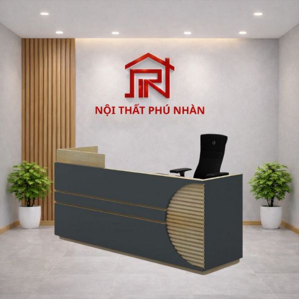 Quầy lễ tân chữ U vân gỗ phối xám hiện đại