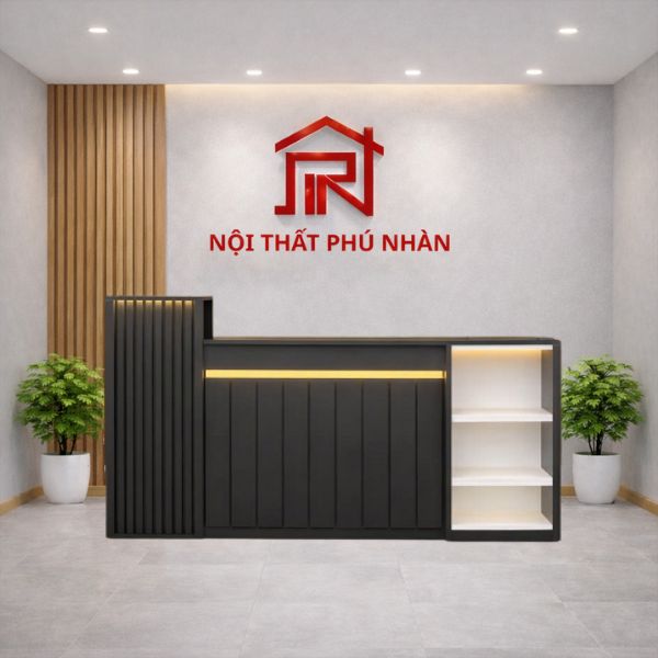 Quầy lễ tân gỗ MDF có kệ trưng bày hiện đại