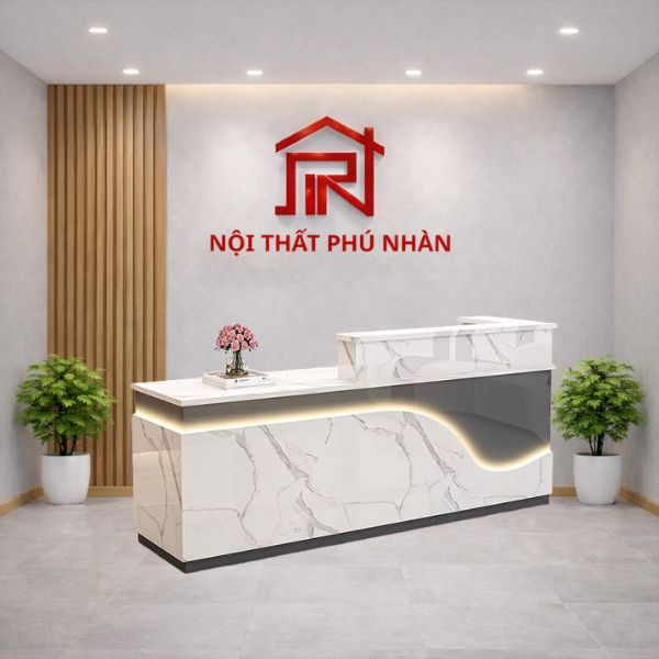 Quầy lễ tân gỗ MDF giả đá có đèn led hiện đại