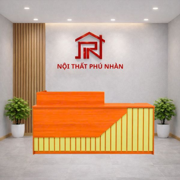 Quầy lễ tân gỗ MDF ốp lam màu cam nổi bật