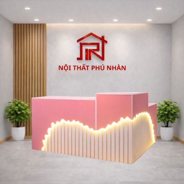 Quầy lễ tân chữ L ốp lam màu hồng sang trọng