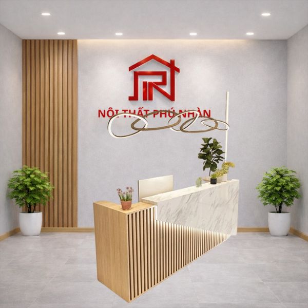 Quầy lễ tân ốp lam nâu gỗ phối vân đá cao cấp