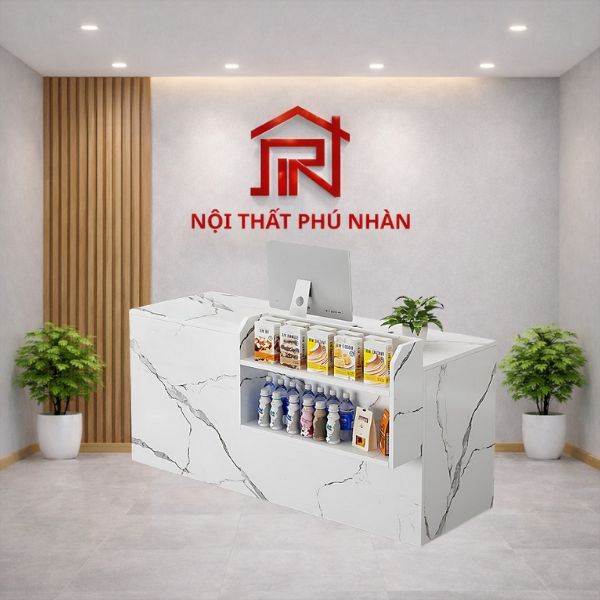 Quầy thu ngân lễ tân gỗ MDF vân đá sáng sang trọng