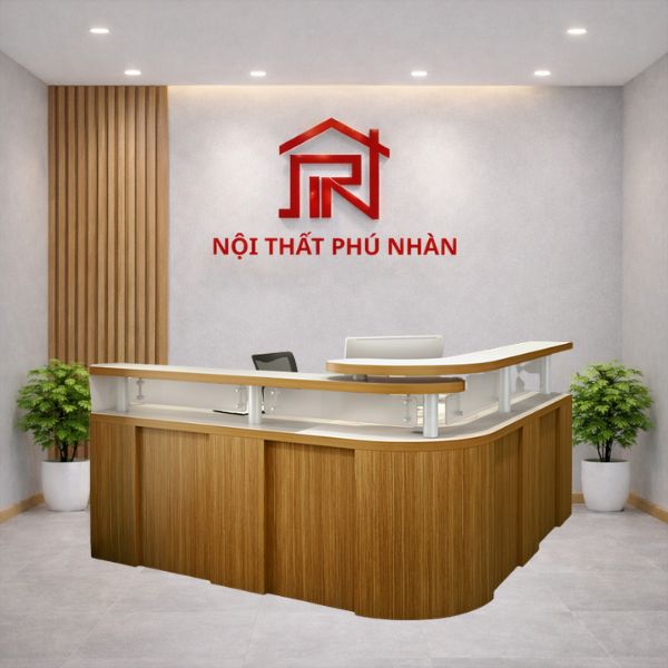 Quầy lễ tân bo cong góc L sang trọng màu nâu