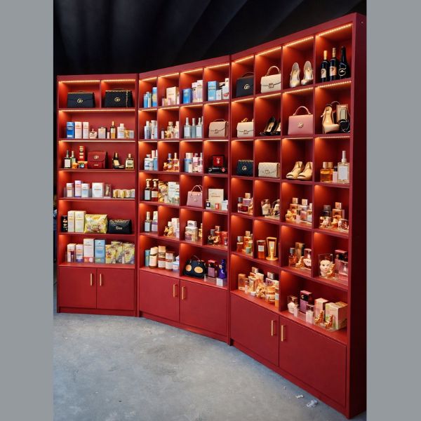 Tủ kệ trưng bày mỹ phẩm hiện đại có led nhiều màu