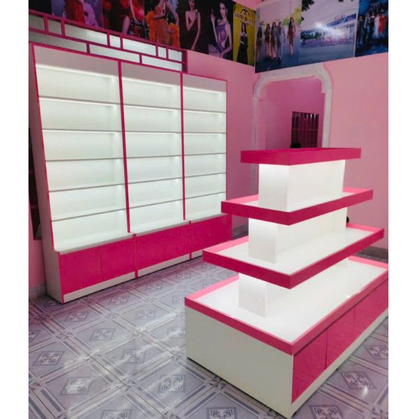 Bộ kệ trưng bày mỹ phẩm hiện đại màu sắc nổi bật